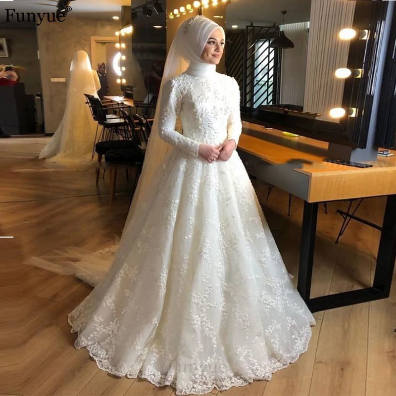 Islamic Full Lace Pearls Muslim Wedding Dress High Neck Hijab Bridal Dress Elegant Vestidos De Novia